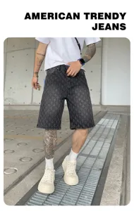 Men's American streetwear washed printed denim shorts, casual half pants with cool style.