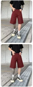 Men's casual streetwear shorts in dark red with unique all-over pattern for daily wear.
