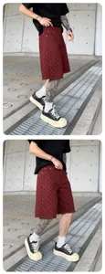 Men's retro dark red patterned streetwear casual shorts, loose fit half pants for summer.