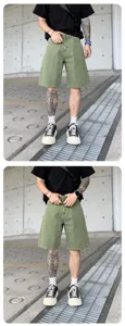 Men's washed green denim shorts casual streetwear hip hop distressed knee length denim pants