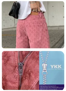 Pink distressed denim shorts for men, washed style with metal zipper and back leather patch.