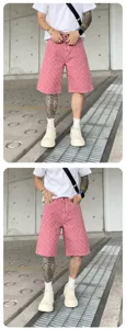 Men's pink washed denim shorts streetwear casual hip hop printed knee length shorts fashion
