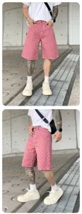Men's streetwear washed printed denim shorts, casual vintage knee-length bermuda pants for summer.
