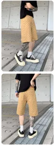 Men's washed printed denim shorts high street loose fit casual streetwear summer Bermuda pants.