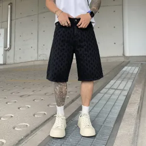 American high street washed distressed black denim shorts for men, casual streetwear style.