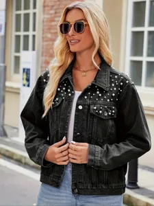 Dames parel kraal denim jas korte stijl casual bovenkleding coole mode chique stijlvolle jas