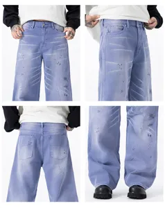 Automne nouveau jean droit amples mode de rue violet délavé pantalon denim tendance chic