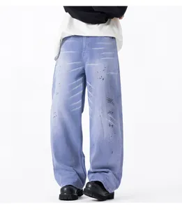 Automne nouveau jean droit ample mode streetwear violet délavé pantalon en denim tendance homme