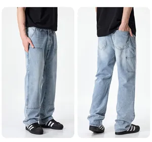 Men light blue loose fit washed denim jeans retro casual straight leg streetwear cargo pants