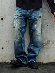 Men's vintage distressed washed loose straight denim jeans casual high street long pants