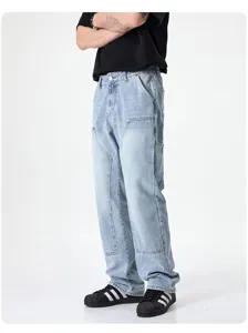 High street retro loose light blue denim pants casual straight-leg patchwork streetwear trousers.