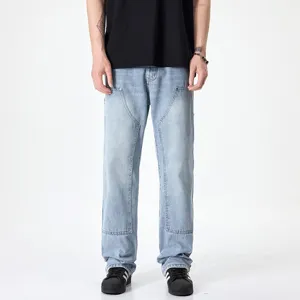Men's loose streetwear denim jeans, casual vintage light blue spliced straight leg trousers.
