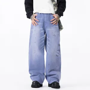 Automne nouveau jean ample droit mode de rue violet polyvalent délavé pantalon en denim