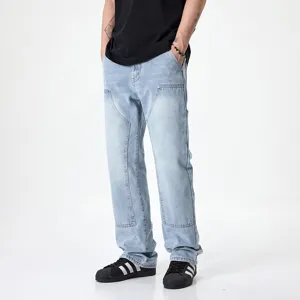 Men light blue casual loose denim jeans streetwear retro carpenter wide leg long trousers