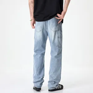 Mens high street vintage loose blue straight leg denim jeans casual street style trousers