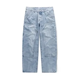 Men's American Retro High Street Loose Straight Jeans Washed Multi Pocket Cargo Denim Trousers Casual Pants