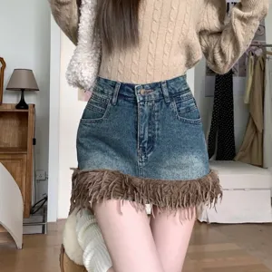 Falda de Mezclilla de Talle Alto para Mujer Verano Urbano Borde Sin Rematar Retazos Ajustado Casual Falda Corta De Moda