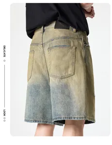 Shorts en denim jaune délavé vintage pour hommes, pantalon droit ample pour l'été.