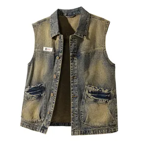 Heren Retro Vintage Denim Vest Katoenmix Gewassen Verweerd Mouwloos Gilet Jas Met Afneembare Capuchon
