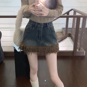 Mujer falda corta vaquera flecos dobladillo talle alto estilo casual streetwear verano chic