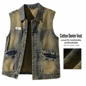 Heren vintage gewassen denim vest mouwloze distressed jas casual streetwear mode