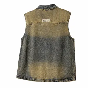 Heren vintage gele modderverf gewassen versleten denim gilet, mouwloze retro jeans jas.
