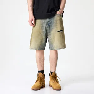 Hommes Casual Vintage Washed Distressed Khaki Denim Shorts Loose Straight Fit Été Streetwear Fashion Five Point Trousers