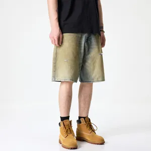 Short en denim délavé vintage usé pour homme, pantalon court ample décontracté d'été à cinq pouces.