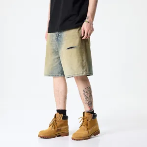 Short en denim vintage lave et use pour homme style baggy droit decontracte d'ete
