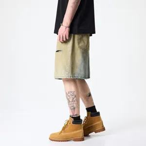 Short en denim déchiré lavé vintage homme ample droit décontracté pantalon d'été cinq points