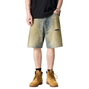 Shorts en denim vintage dechire homme coupe droite ample decontracte ete streetwear