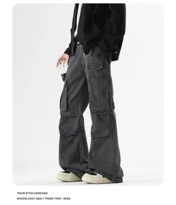 Stylish dark grey cargo pants with multiple pockets and trendy flared cut for daily wear.