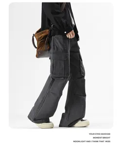 American clean-fit flared washed cargo jeans with multi-pockets for men and women.