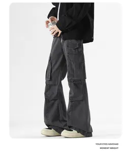 American cleanfit flared cargo jeans with multi pockets, stylish washed grey denim trousers.