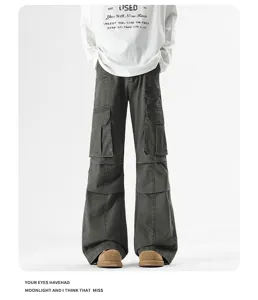 Detailed view of American cleanfit multi-pocket washed cargo flared pants in dark grey.