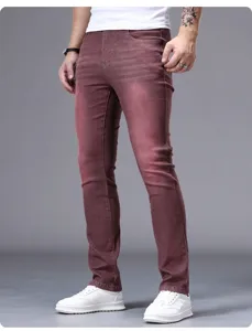 Men's slim fit skinny jeans casual denim trousers in dark red wine color for daily wear