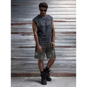Short en Denim pour Hommes Casual Coupe Droite Ornement Strass Thermocollant Bord Brut Été Mélange Coton