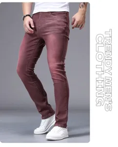 Men's Classic Slim Fit Skinny Denim Jeans Casual Stretch Trousers in Burgundy Color