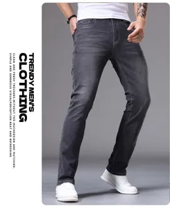 Men's slim fit casual dark grey denim trousers, comfortable stretch jeans for daily wear.