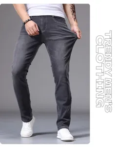 Men's slim fit stretch denim jeans, dark grey classic casual tapered pants for daily wear.