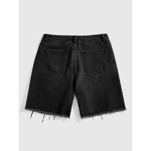 Short en denim noir homme avec ourlet effiloché, poches arrière, short d'été décontracté.