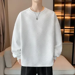 Heren wit gestructureerd crewneck sweatshirt, casual losse trui met lange mouwen.