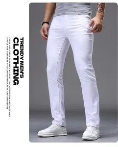 Men's white slim fit stretch denim jeans, casual regular fit long trousers for daily wear.