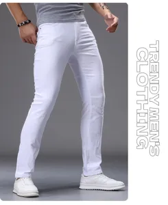 Men's classic slim fit skinny jeans in pure white, stylish casual denim trousers for men.