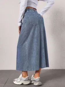 Detail view of women's light blue high-waist denim maxi skirt showing back pocket and stitching.