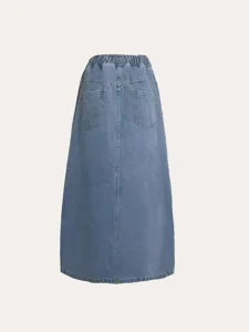 Women light blue denim long skirt, non-stretch midi skirt with elastic waist and back pockets.