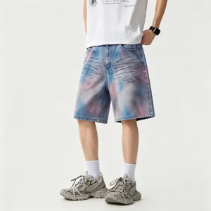 Men's blue tie-dye loose denim shorts casual streetwear five-point summer pants.