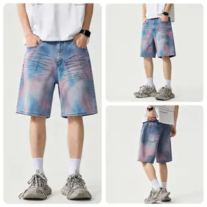 Men's loose tie-dye denim shorts casual streetwear five-quarter summer blue denim trousers