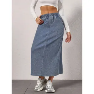 Women Casual High Waist Denim Skirt Solid Color Long Straight Skirt Cotton Blend Spring Summer Fashion Streetwear