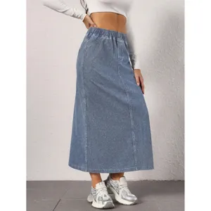 Women's high waist denim midi skirt with elastic waistband, casual light blue casual wear.